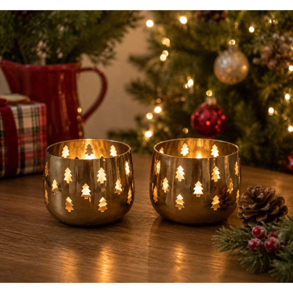 Vintage Brass Christmas Tree Cutout Votive Candle Holder Set of 2 Gold Tone 3in